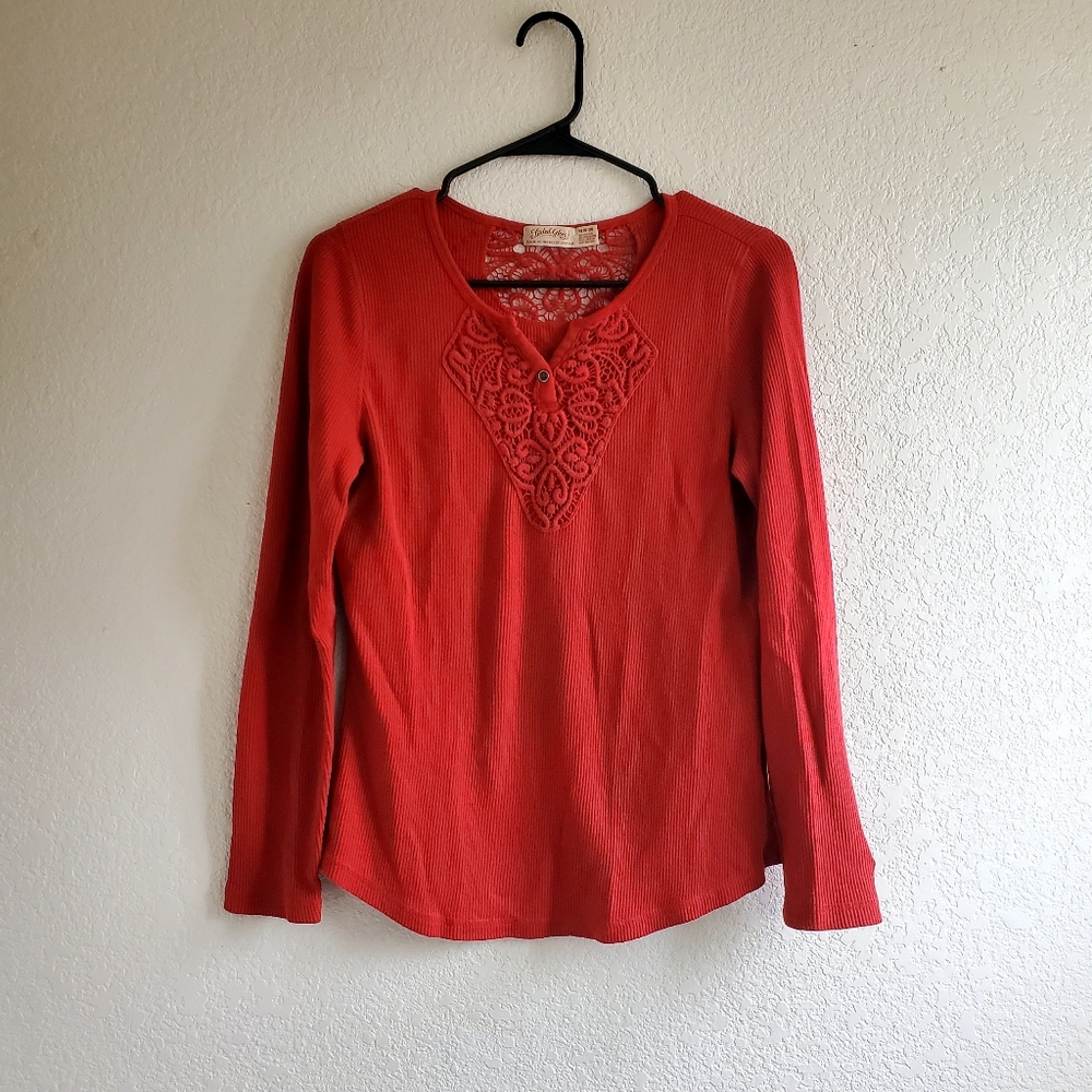 FADED GLORY • Waffle Knit Crochet Red Longsleeve Top • XMas